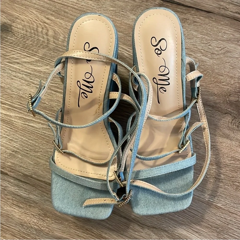 So Me Vintage Blue Denim Rhinestone Ankle Strappy Platform Heels